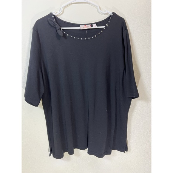 Cutey Couture Tops - Quacker Factory XL Black Top Rhinestone Cute Side Tie Neckline Short Sleeve